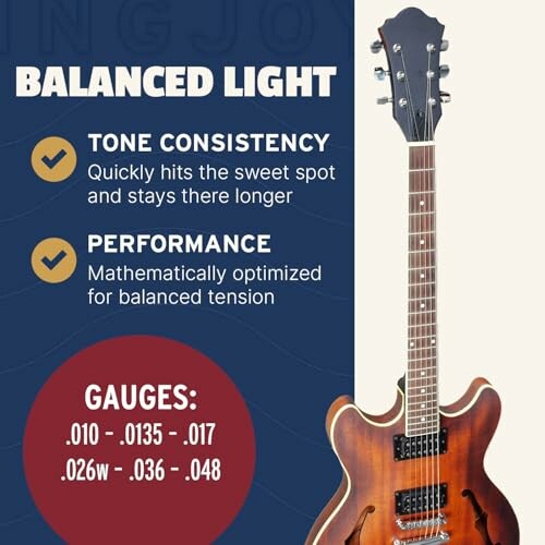 Image of a guitar with text about balanced light strings, highlighting tone consistency and performance benefits.