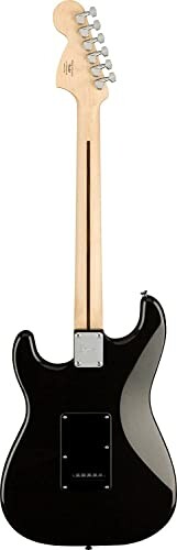 Back view of a black electric guitar with a wooden neck.