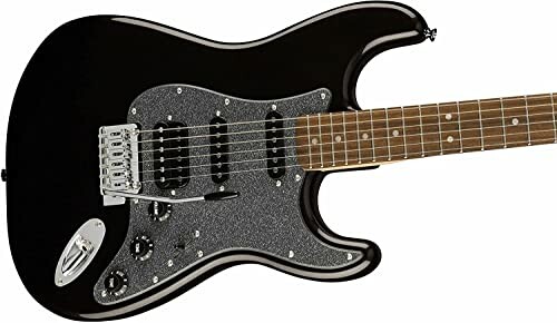 Black electric guitar with a wooden fretboard.