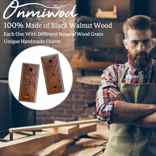 Bearded man with glasses in workshop showcasing black walnut wood pieces.