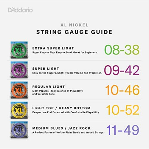 D'Addario XL Nickel String Gauge Guide with color-coded options.