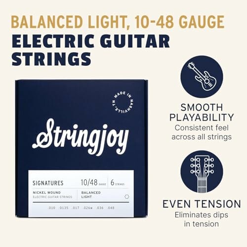 Stringjoy balanced light electric guitar strings package with features highlighted.