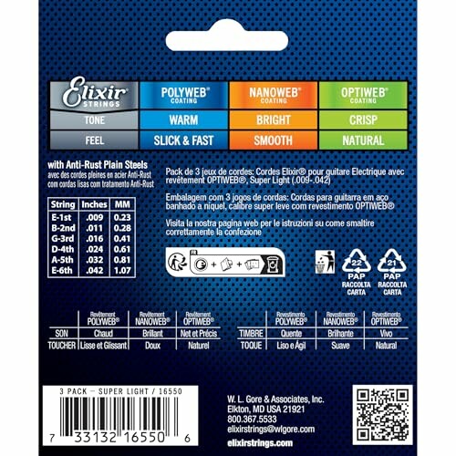 Elixir Strings packaging showing product details and specifications.