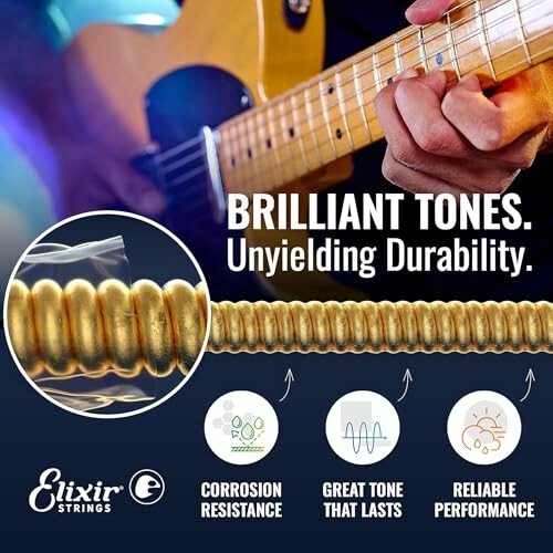 Guitar strings advertisement highlighting durability and performance.