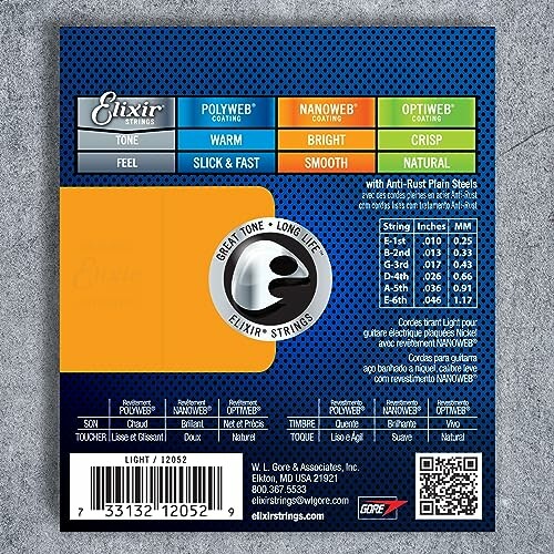 Elixir guitar strings packaging with coating options and string gauges.