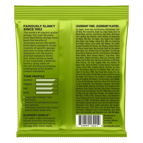 Back of Ernie Ball guitar strings package with product description and tone profile.