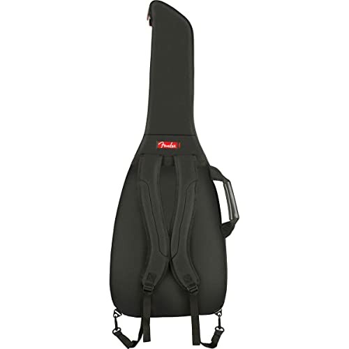 Black Fender guitar gig bag with shoulder straps and handle.