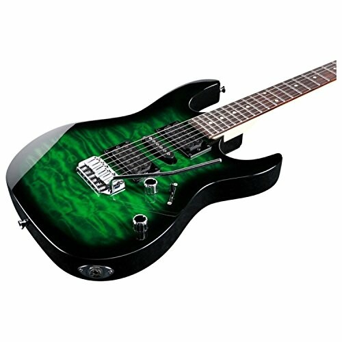 Green electric guitar with a quilted maple top.