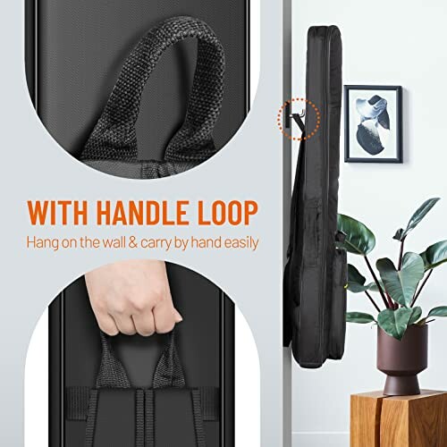 Guitar case with handle loop for easy wall hanging and carrying.