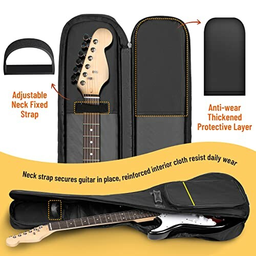 Guitar case with adjustable neck strap and protective layer.