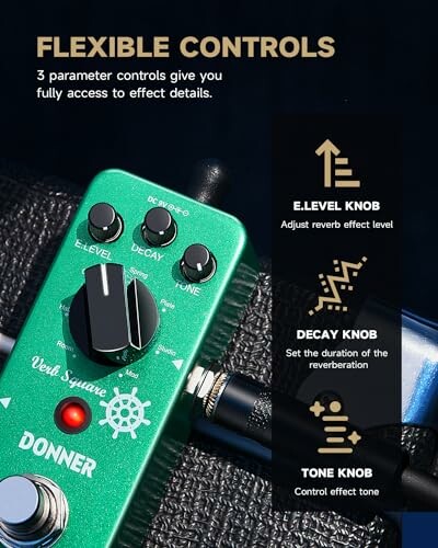 Guitar pedal with flexible controls for level, decay, and tone.