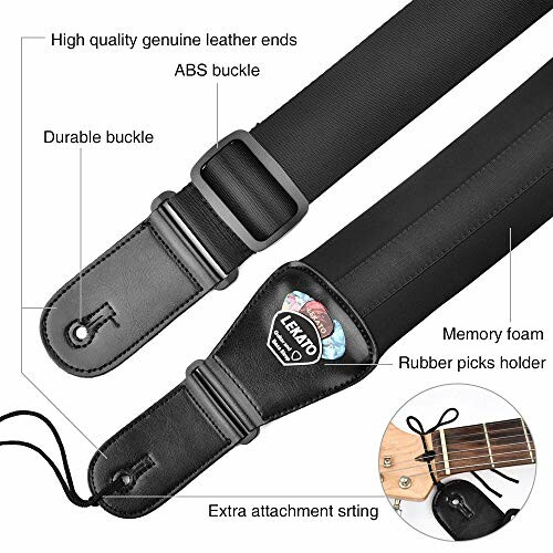 Guitar strap with leather ends, buckle, memory foam, rubber picks holder, and extra string.