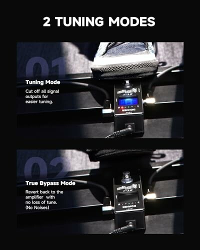 Guitar tuner pedal showing two modes: Tuning Mode and True Bypass Mode.