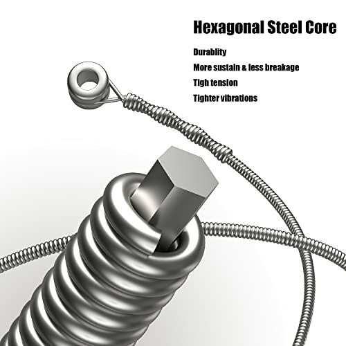 Close-up of a hexagonal steel core guitar string emphasizing durability and tension.