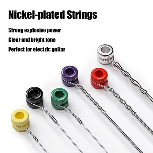 Colorful nickel-plated guitar strings with clear tone description.