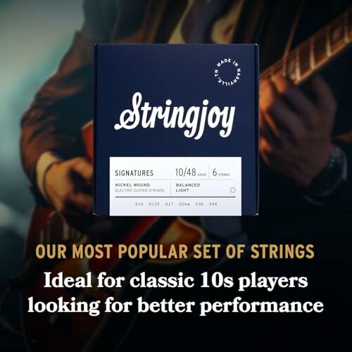 Stringjoy guitar strings packaging with a guitarist in the background.