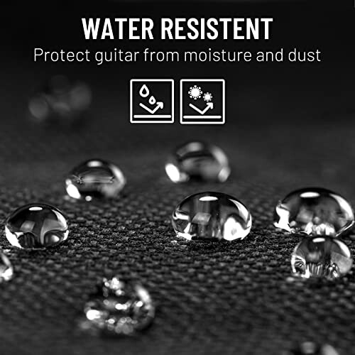 Water-resistant feature protecting guitar from moisture and dust with water droplets on surface.